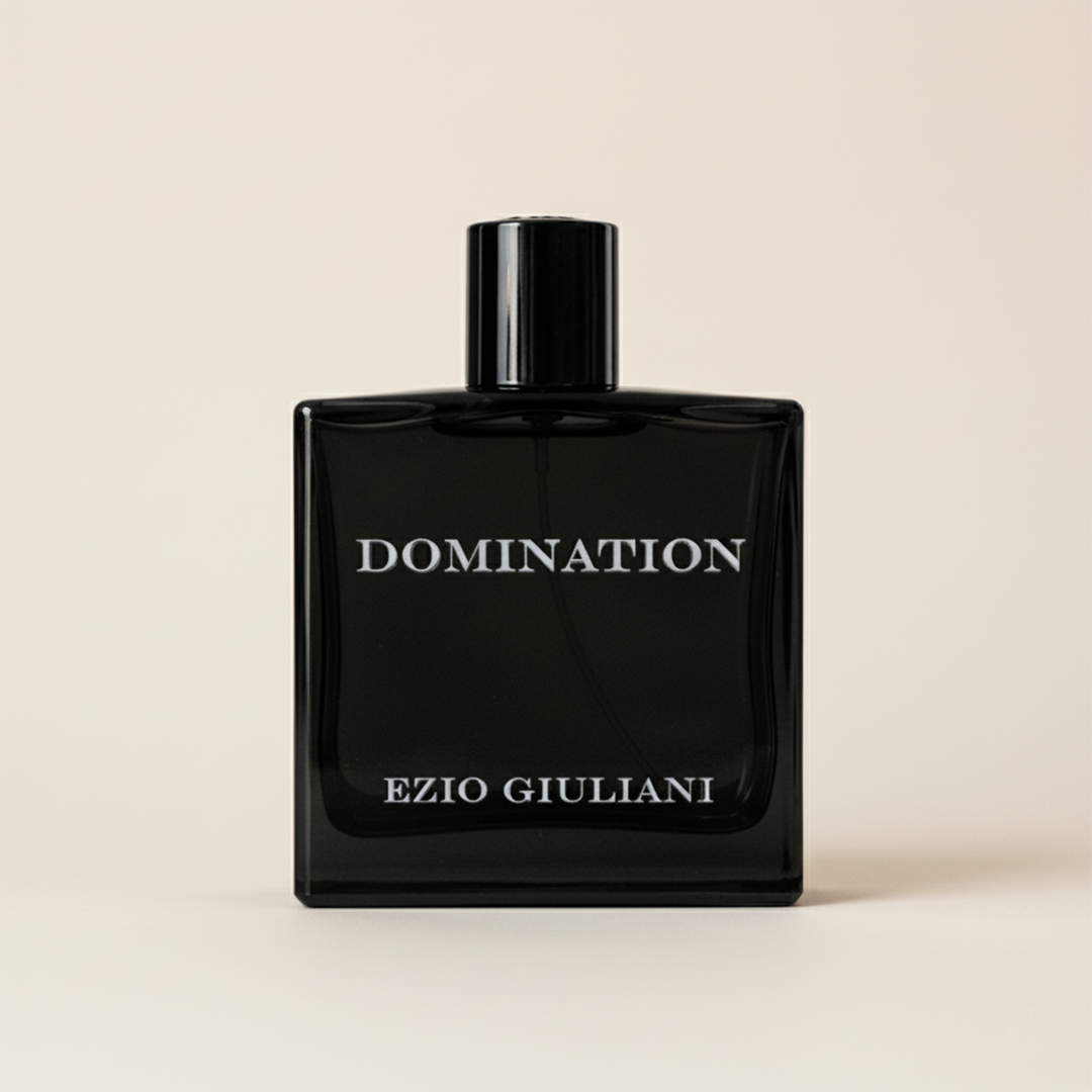 Black perfume bottle labeled 'Domination' by Ezio Giuliani on a beige background