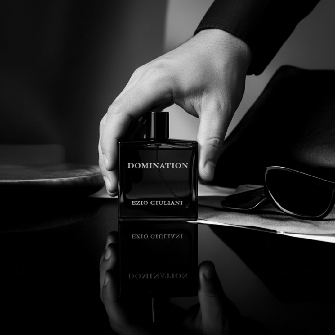 Hand holding a black perfume bottle labeled 'Domination' by Ezio Giuliani on a reflective surface.
