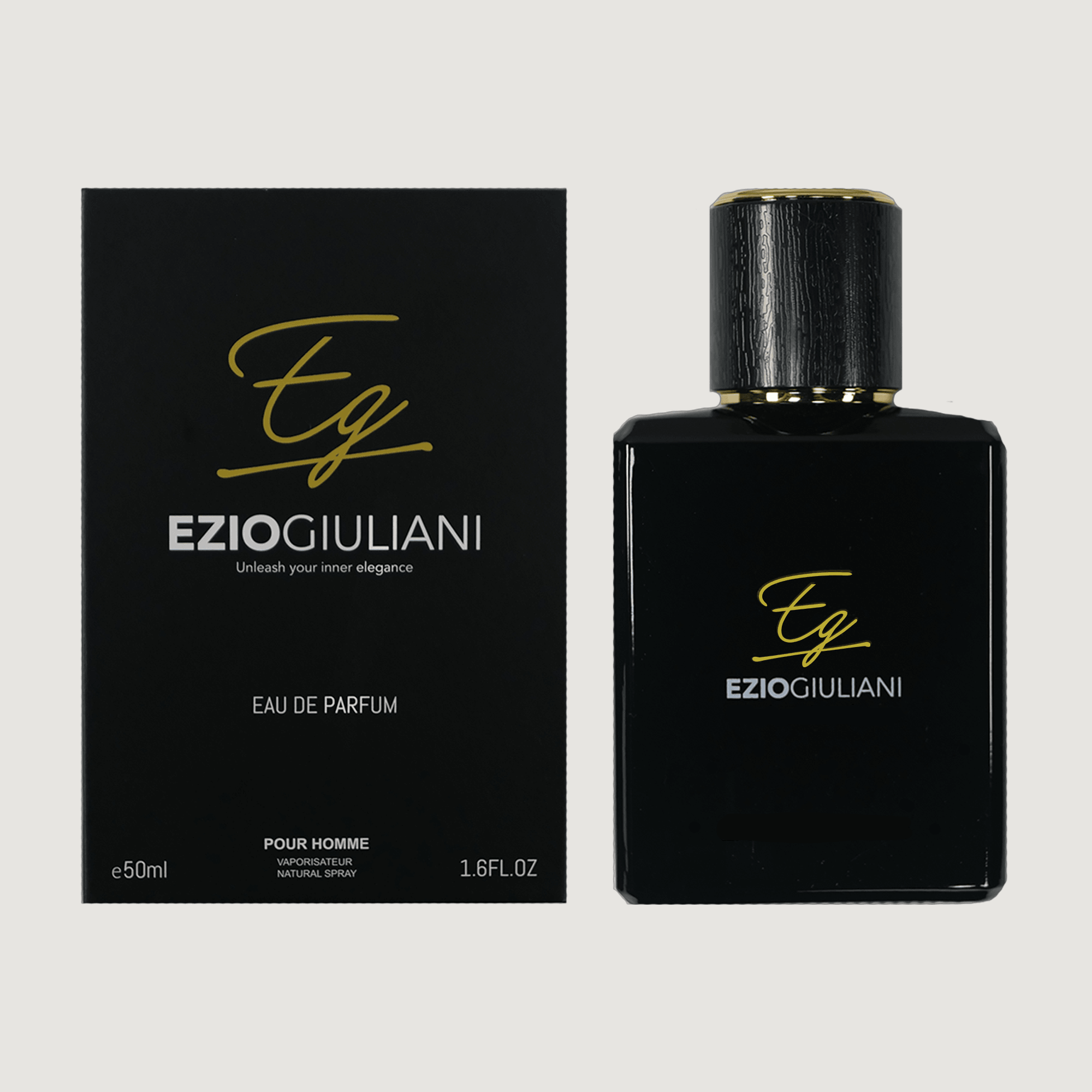 Pour Homme cologne by Ezio Giuliani, Black bottle and box with black cap with gold lines. Fragrance consists of citruses, fresh aquatic notes, musky notes, woody notes and sage.