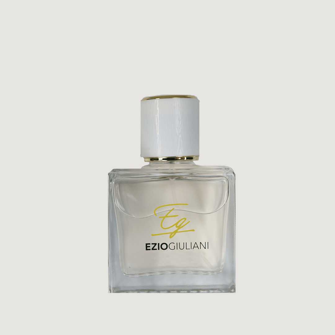 Pour Femme Ezio giuliani perfume bottle, transparent perfume bottle with white and gold cap, 50ML perfume.