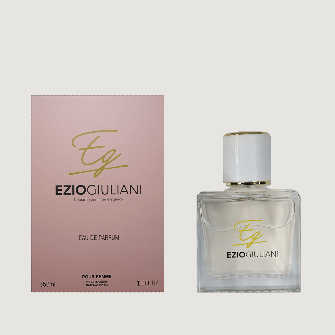 Pour Femme Ezio giuliani perfume bottle and box, transparent perfume bottle with white and gold cap, 50ML perfume bottle and pink perfume box.