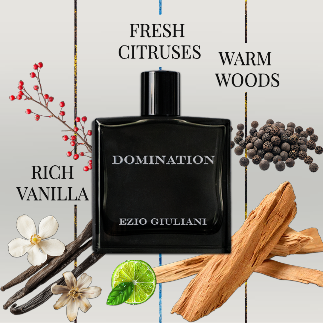 Perfume bottle labeled 'Domination' by Ezio Giuliani with floral, citrus, and wood elements on a light background.